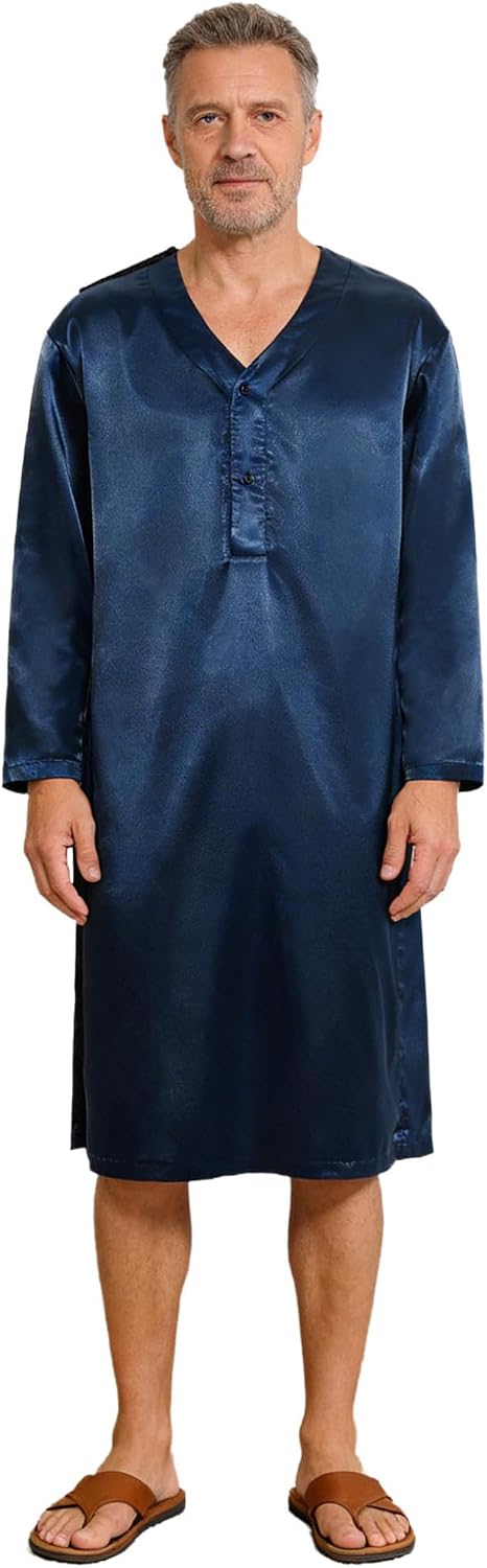 JanJean Men's Open Back Henley Nightgown Elderly Adaptive Pajamas Sleeping Robe Patient Gown Post Operation