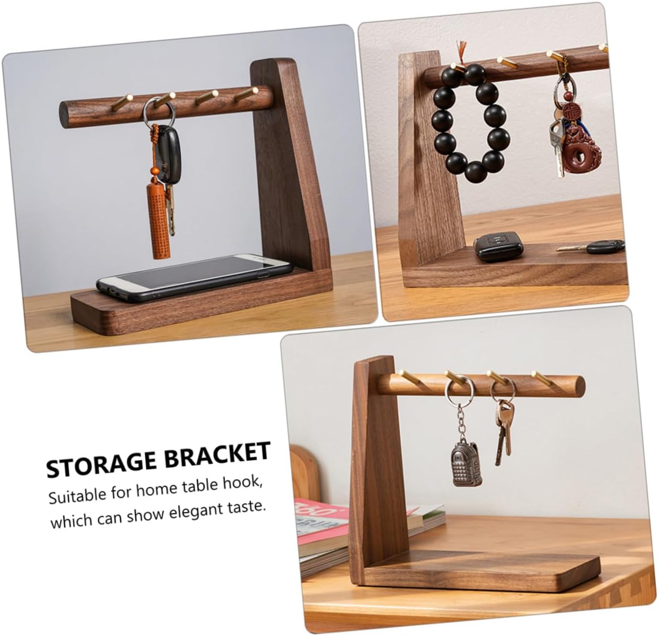 minkissy Solid Wood Walnut Key Rack Wall Mounted, Multipurpose Vintage Storage Hook with Stable Hand-Polished Bracket for Entryway and Household Organization