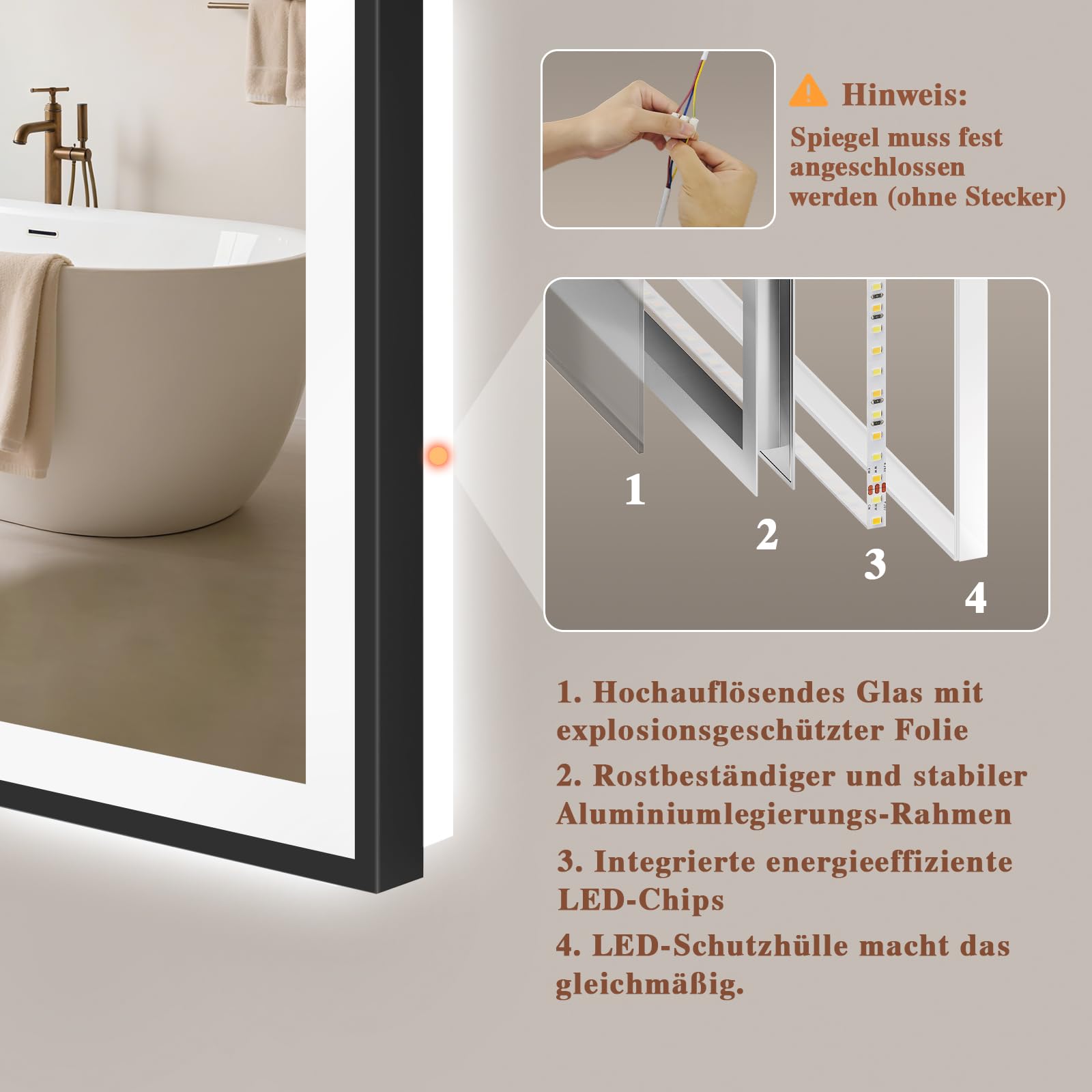 Badspiegel-mit-Beleuchtung 40x60 - Badezimmerspiegel LED Badezimmer Spiegel mit Beleuchtung - Beschlagfrei, Dimmbar, 3 Lichtfarben, Wandspiegel Led-Spiegel-Bad Schwarz Metallrahmen Horizontal/Vertikal