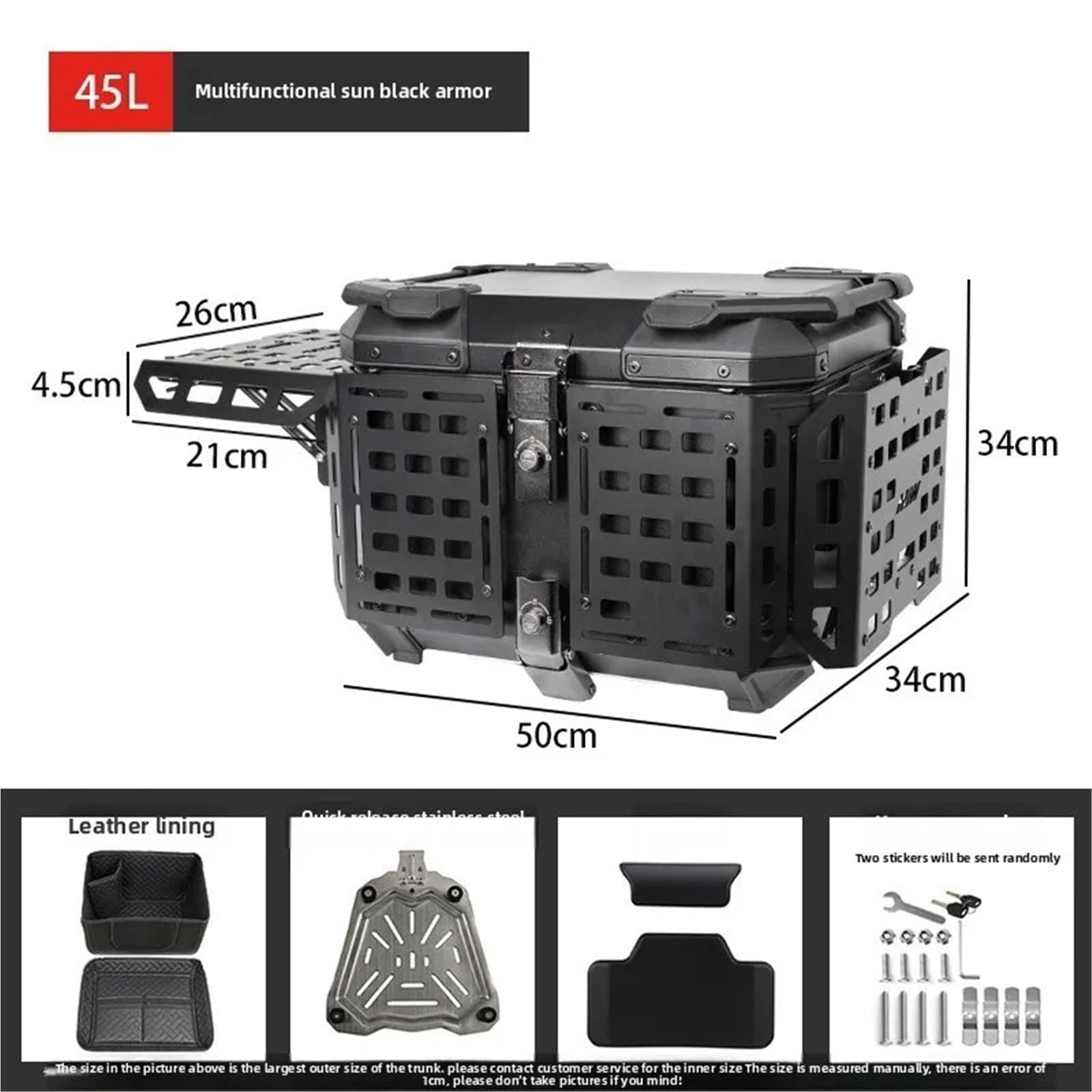 Moto Valise Topcase pour Moto 45L en Alliage d'aluminium, hayon blindé Multifonctionnel argenté Portable avec Plaque inférieure, Coffre Noir pour Voiture électrique(Black)