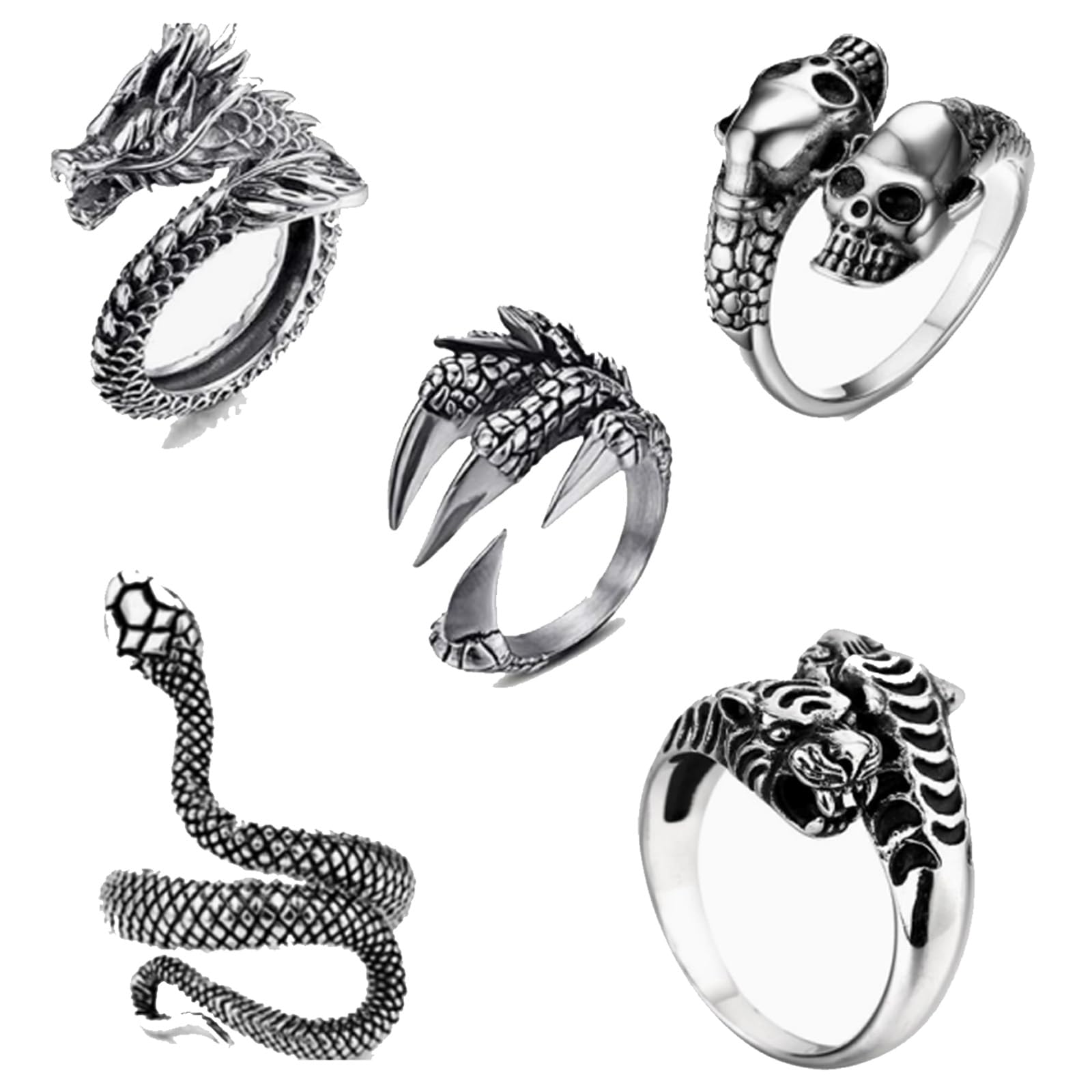 nvgod 5Pcs Ring for Men, Dragon Scale Skeleton Tiger Snake and Eagle Claw Rings for Man, Black Ring for Men with Unique Design, Adjustable Size for Comfortable Fit, for Cosplay Events and Daily Wear-picture-13