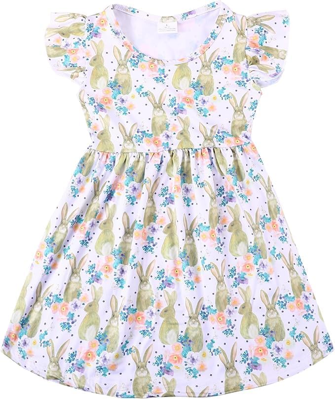 Easter Toddler Kids Girls Dress Bunny Eggs Flutter Sleeve Outfits 3-8Y - Image 2