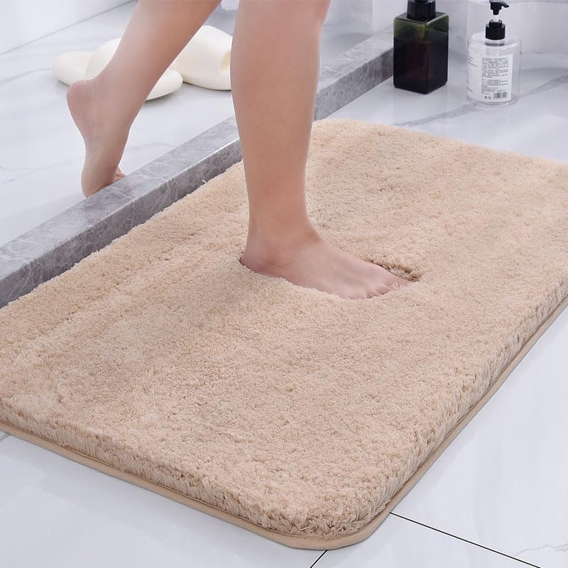 Deluxe Bathroom Floor Mat Plush Height (3 cm) Ultra Soft Absorbent Microfiber Plush Bath Mat Rubber Backing Quick Drying Machine Washable and Dryable Bathroom Floor Mats 24 x16 (Beige)