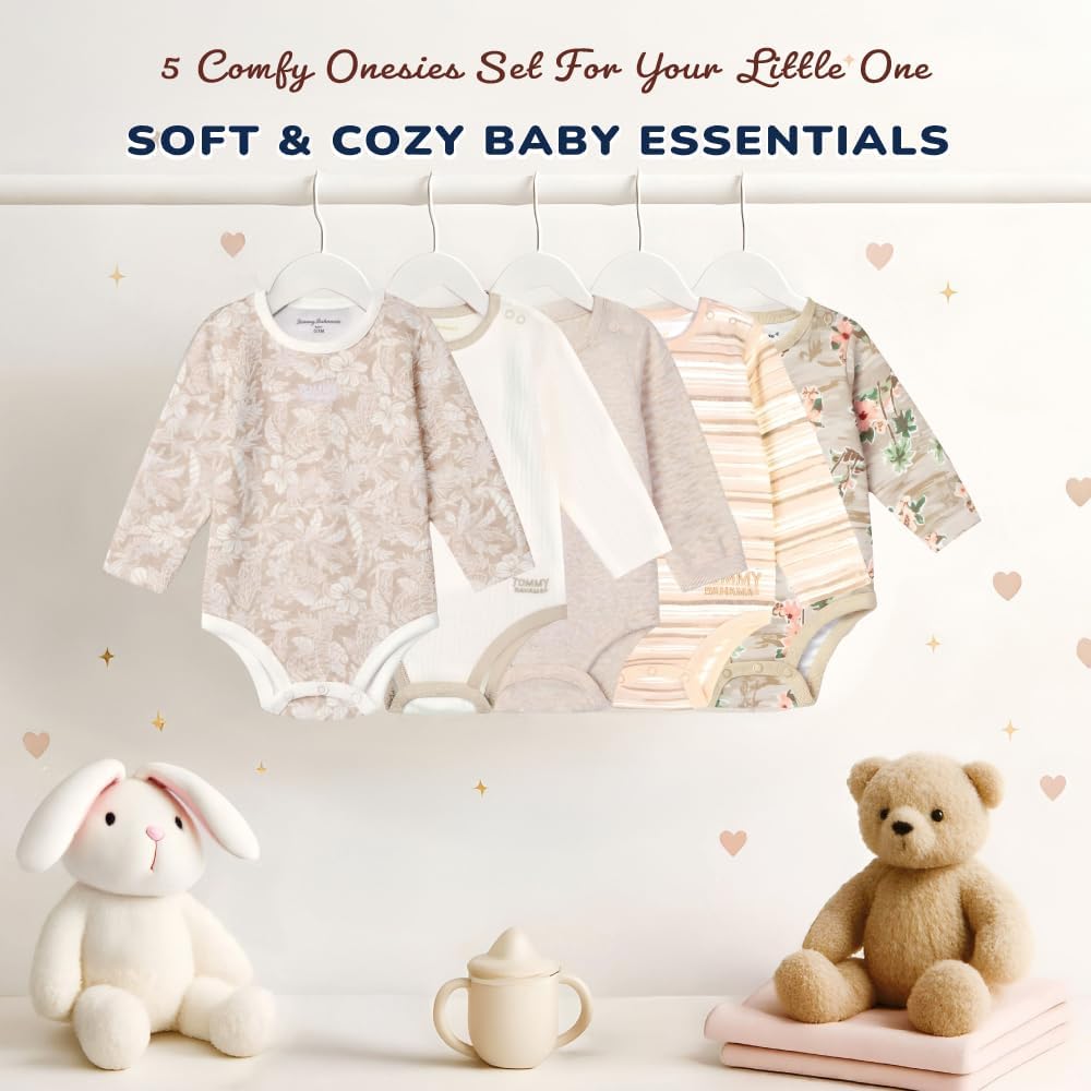Tommy Bahama Baby 5-Piece Onesie Set - 100% Cotton Long Sleeve Bodysuit 5-Pack for Infant Boys and Girls - Image 7