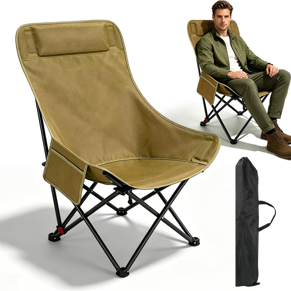 Silla de camping plegable con respaldo alto, 150 kg, silla plegable ligera con bolsillos laterales, respaldo portátil, silla de camping, silla de pesca, silla plegable para exteriores, senderismo