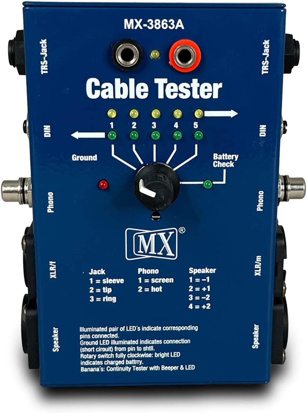 MX Multi-Purpose Cable Tester | Portable Wire Checker for XLR, TRS, RCA, RJ45, USB Cables | LED Indicator Cable Analyzer for Studio & Field Use