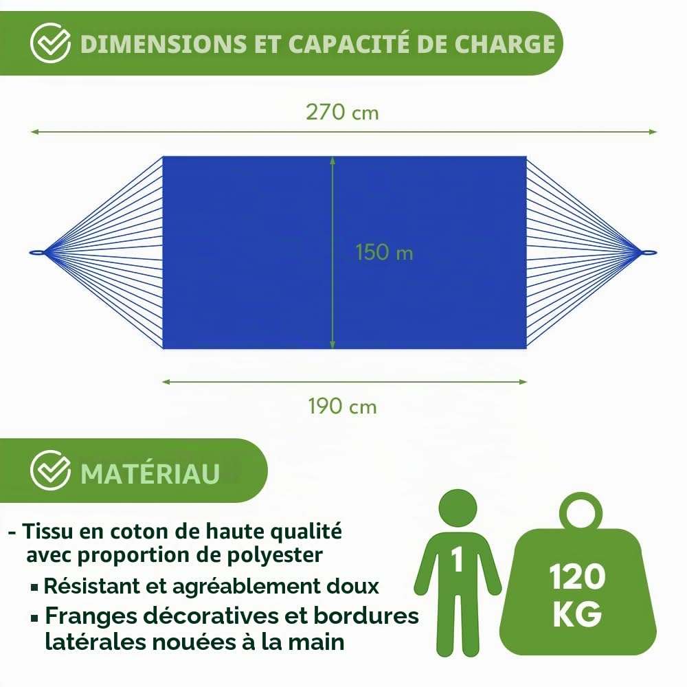 KRUMAD Hamac d'extérieur style bohème 190 x 150 cm, bleu, charge maximale : 120 kg, avec franges, sac de rangement et 2 cordes, en coton et polyester, pour jardin, balcon, terrasse, extérieur et