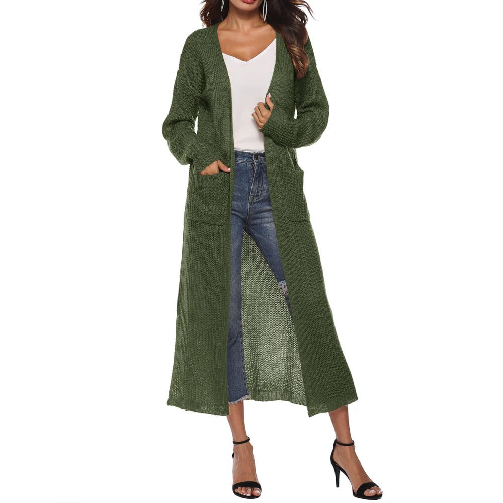 Cárdigans para Mujer Cárdigans de Punto para Mujer Abrigo Liso Verde Militar Suéteres Largos Cárdigan de Manga Larga con Frente Abierto Cárdigan de Primavera Chaqueta de Punto Suave para Uso Diario
