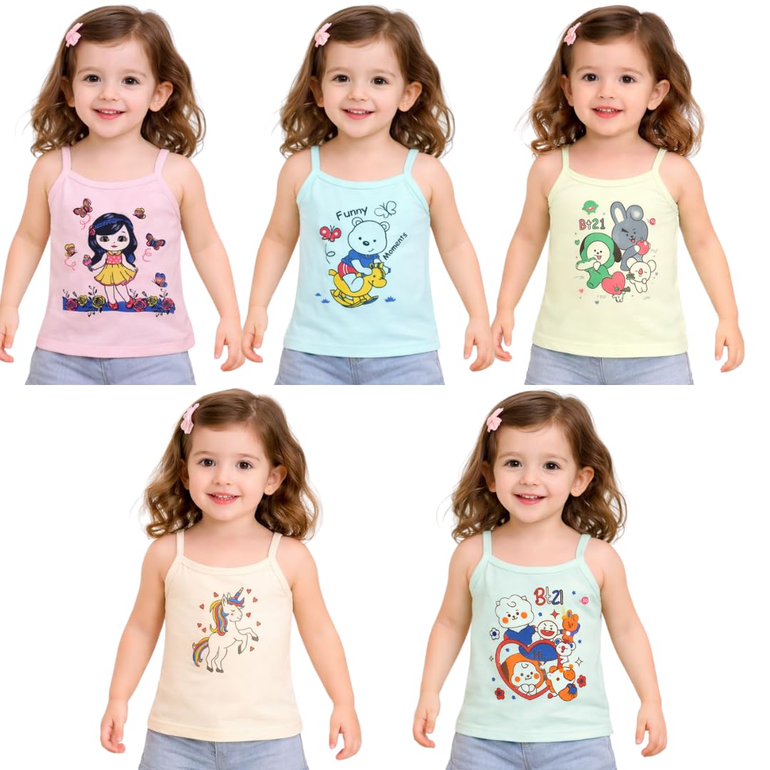 Baby Girls Sleevless Printed Cotton Regular Fit Camisole Slips/Vests/Baniyan/Inner Wear, Pack of 5-image-19