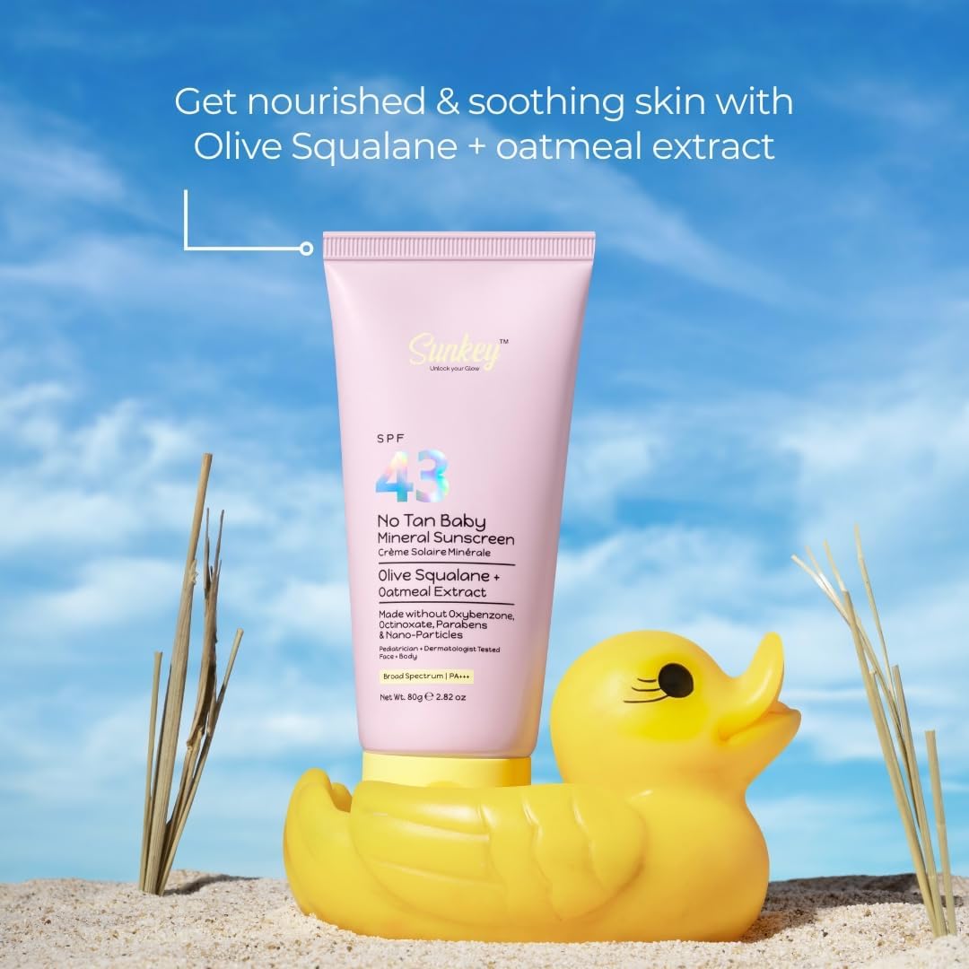Sun-key No Tan Baby Mineral Sunscreen SPF 43 PA+++ | Non-Nano Zinc Oxide Sunscreen for Babies & Kids | Pediatrician & Dermatologist Certified | No Oxybenzone, Octinoxate, Parabens & Sulphates | 80g