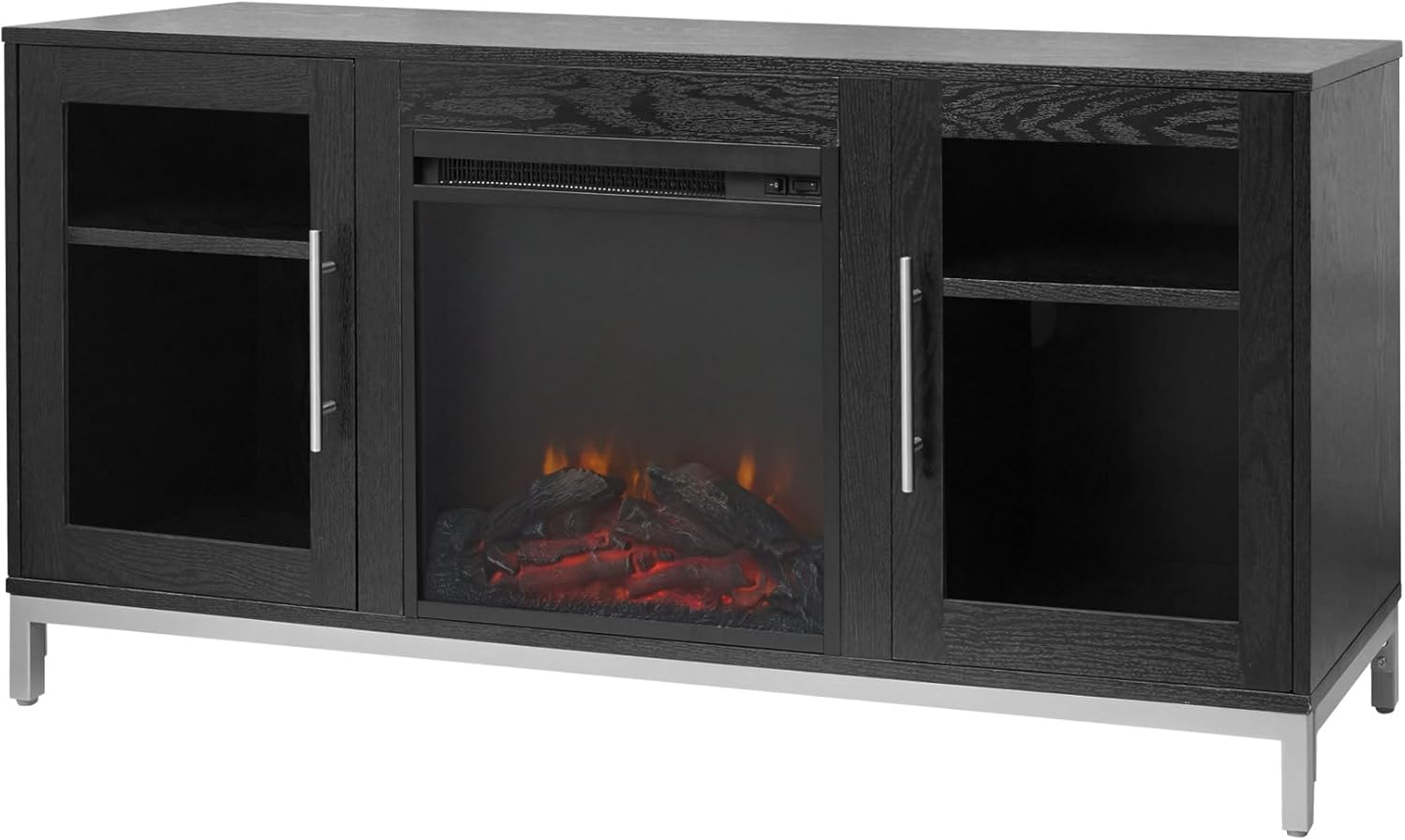 Teamson Home Lainey 54" Wooden Entertainment Center with Fireplace, Two Glass Door Cabinets, Black