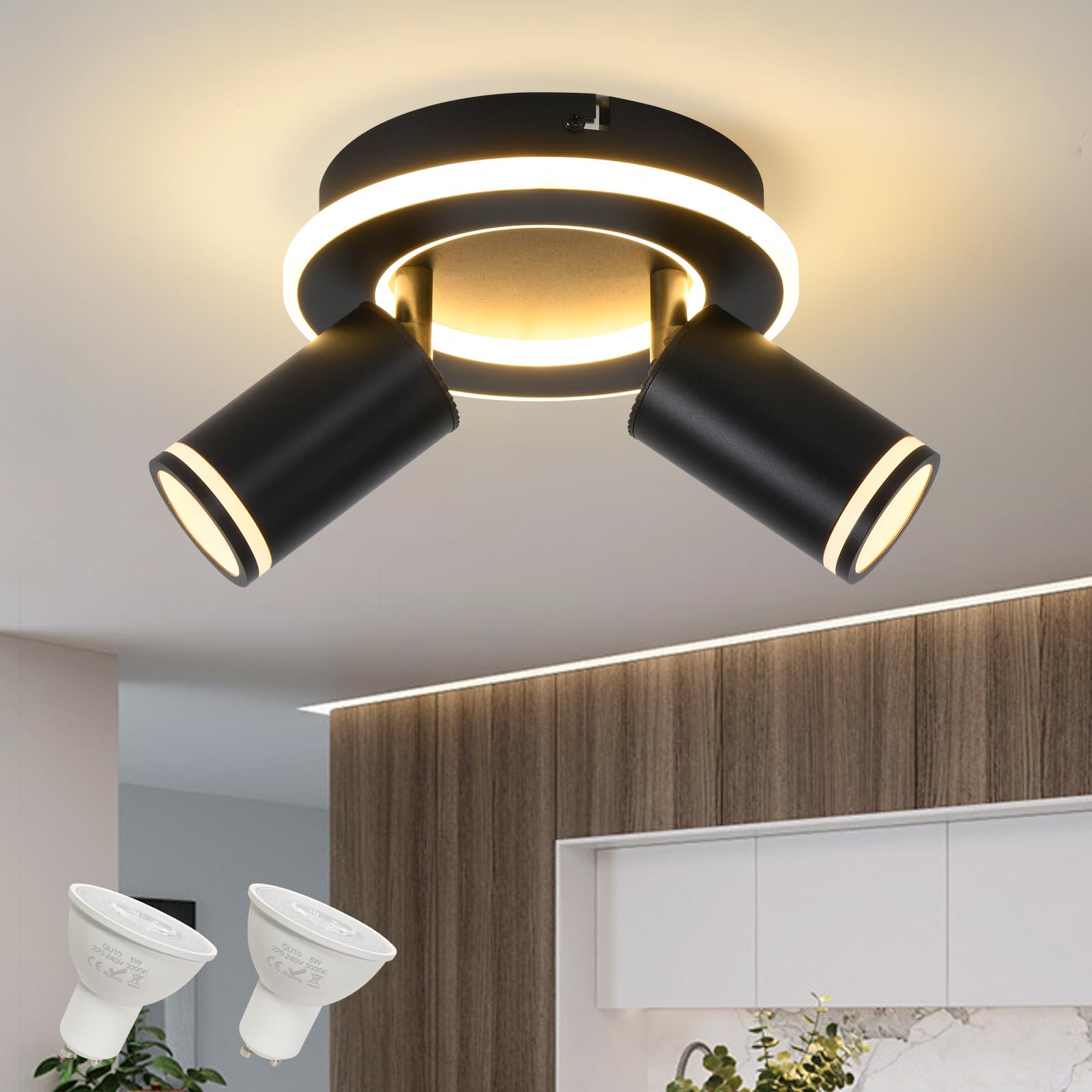 SANSHI Rotonda Faretti da Soffitto Orientabili Interno LED 2 Luce,Faretti da Parete con Inferiore 15W+2x5W,GU10 Lampadario Faretti,Moderna Plafoniera Faretti Bianco Caldo 3000K per Cameretta,Nero
