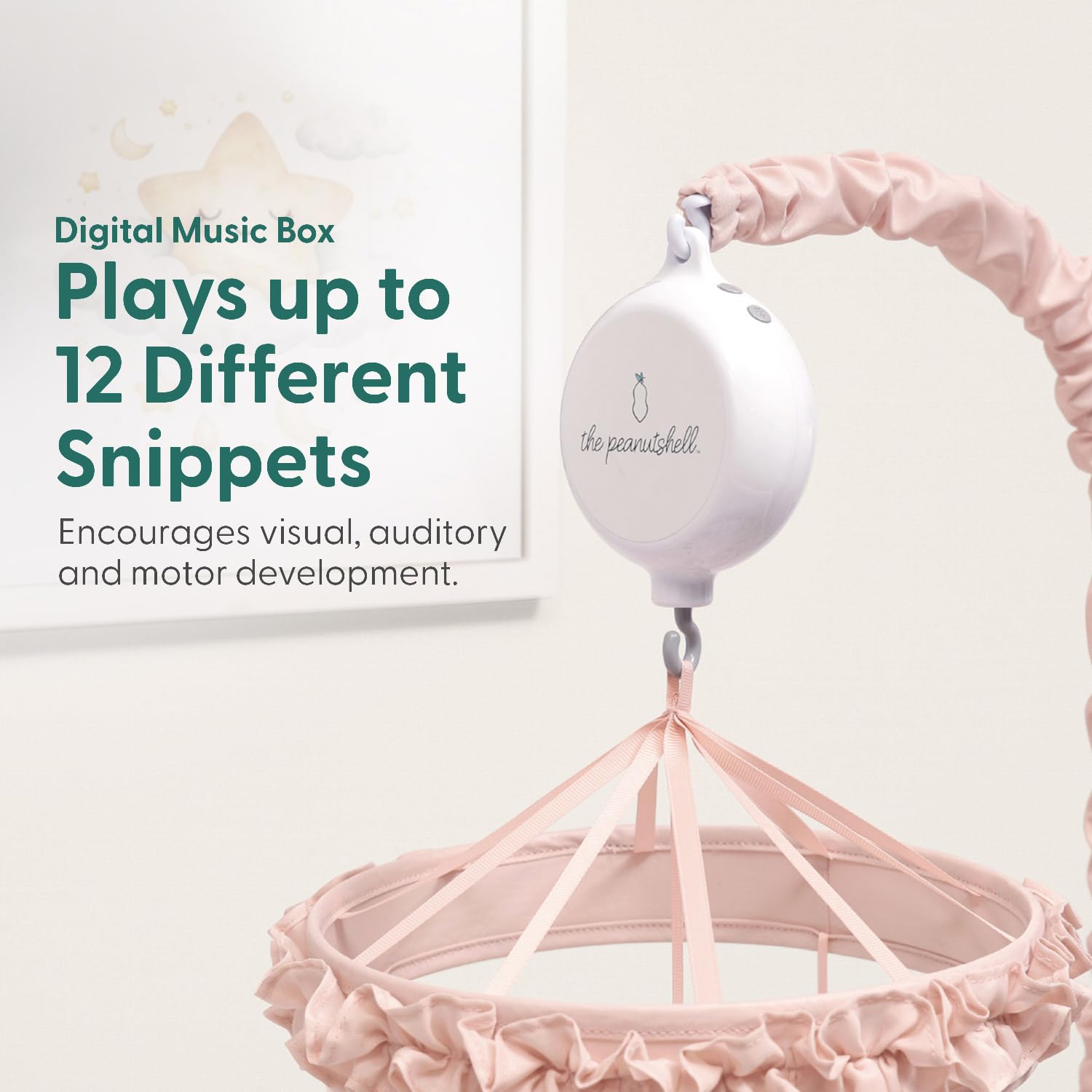 The Peanutshell Móvil de cuna para niñas – Cuna móvil musical para bebé con 12 canciones de cuna y control de volumen, decoración de guardería rosa celestial, bonitos accesorios para guardería