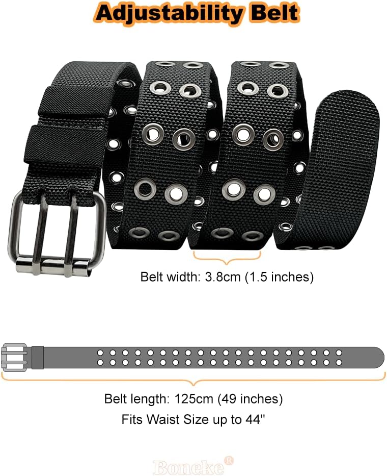 Nylon Web Belts, Double Hole Grommet Canvas Waist Belt for Men & Women Punk Halloween Belt for Jeans Teenager Unisex Black - Image 4