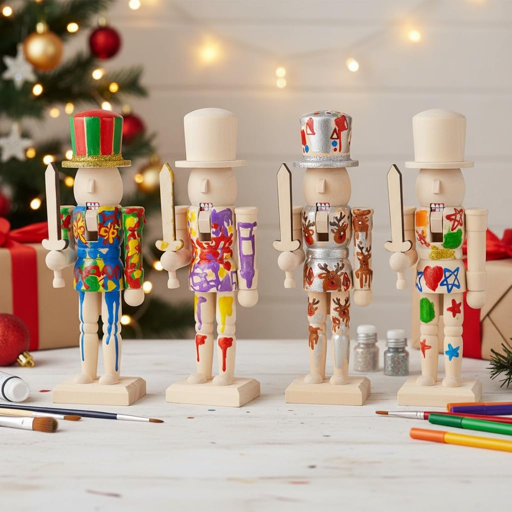 Veemoon Weihnachten Holz Unlackiert Mini Holzfiguren DIY Blank Unlackiert Nussknacker Marionette Walnuss Soldat Ornament Dekoration