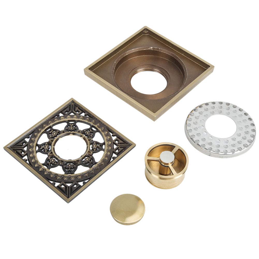 10 x 10 cm Brass Shower Drain Floor, Square Shower Floor Drain Shower Waste Drainer for Bathroom Kitchen Veranda and Public Drain Area