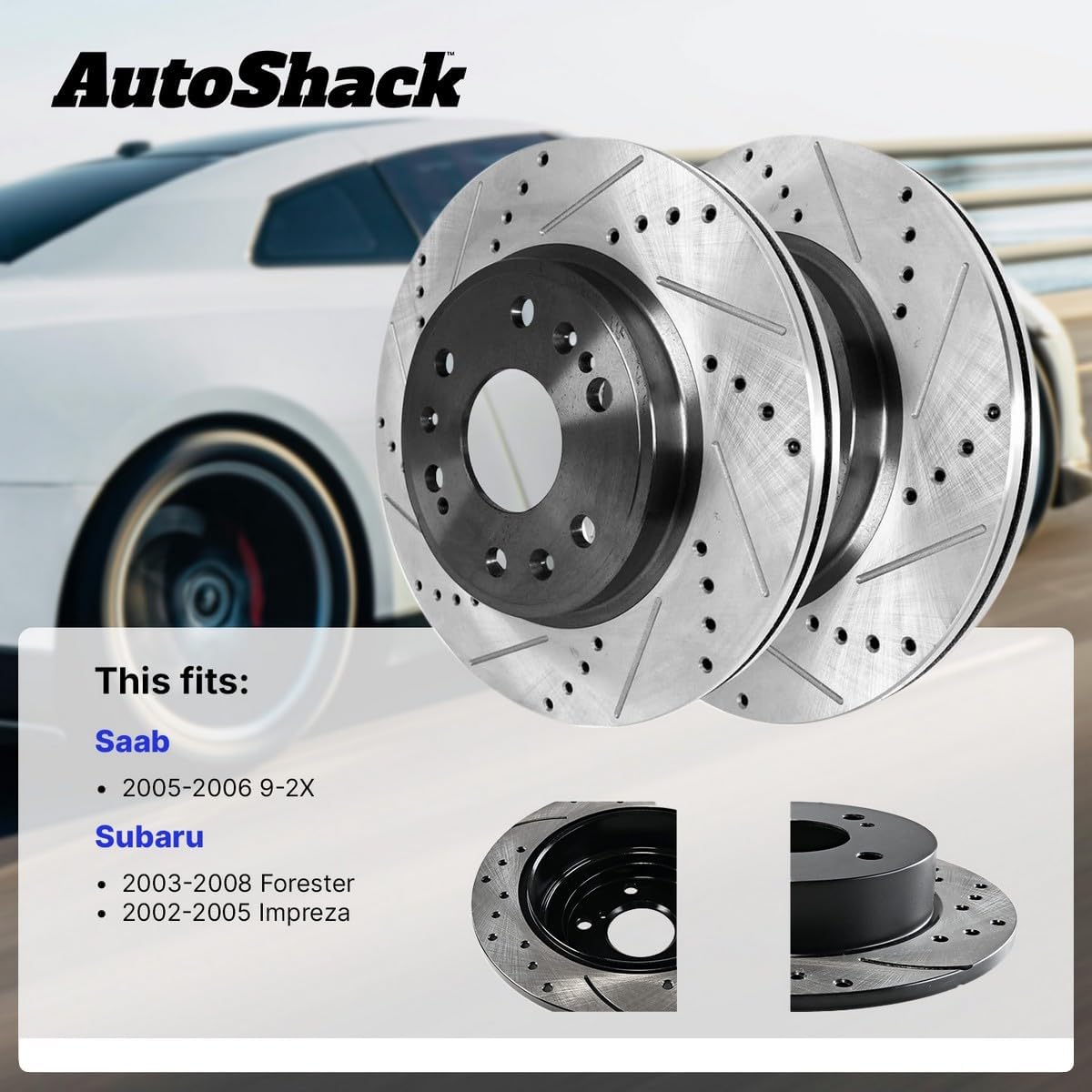 AutoShack Front Vented & Rear Solid Drilled & Slotted E-Coated Brake Rotors 4-PC Set Replacement for 2003-2008 Subaru Forester 2002-2005 Subaru Impreza 2005-2006 Saab 9-2X ShadowGuard