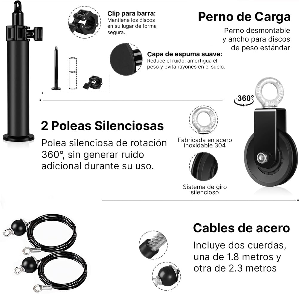 ManiBoom Polea Gimnasio Casa Multifuncional - Kit de Poleas de Musculacion Ajustable con Accesorios Barra 2 en 1 + Cuerda Triceps + Asas - Maquina Home Gym - Rack Pared Multigym