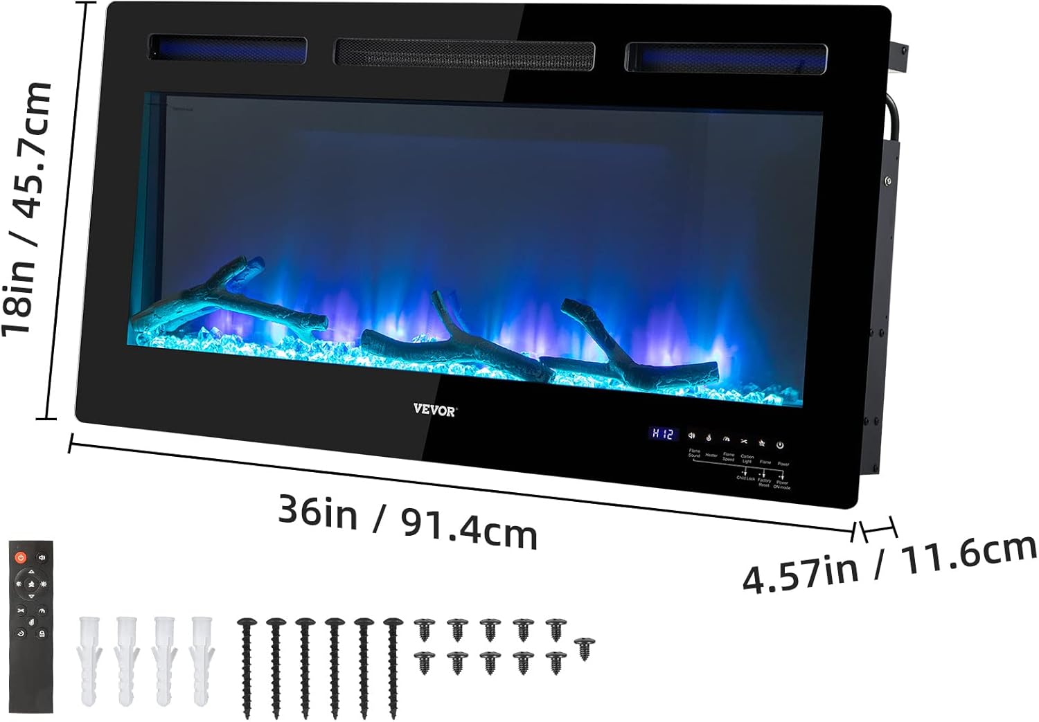 VEVOR Electric Fireplace, 36-inch Wall Mounted and Recessed Fireplace, Fit for 2 x 4 and 2 x 6 Stud, Adjustable Flame Colors and Speed with Remote Control & Timer, 1500 W, Black : Home & Kitchen