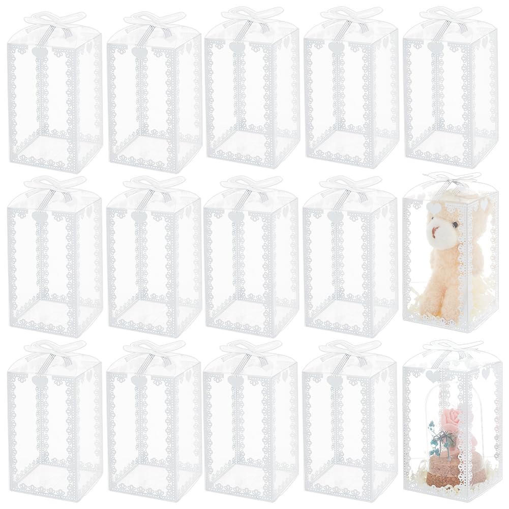 BENECREAT 50 Pcs 2.4x2.4x4.7 Inch/6x6x12cm Clear PVC Gift Boxes, Rectangle Bow Knot Pattern Boxes for Wedding Party Favor Festival Gift Packaging, Silver
