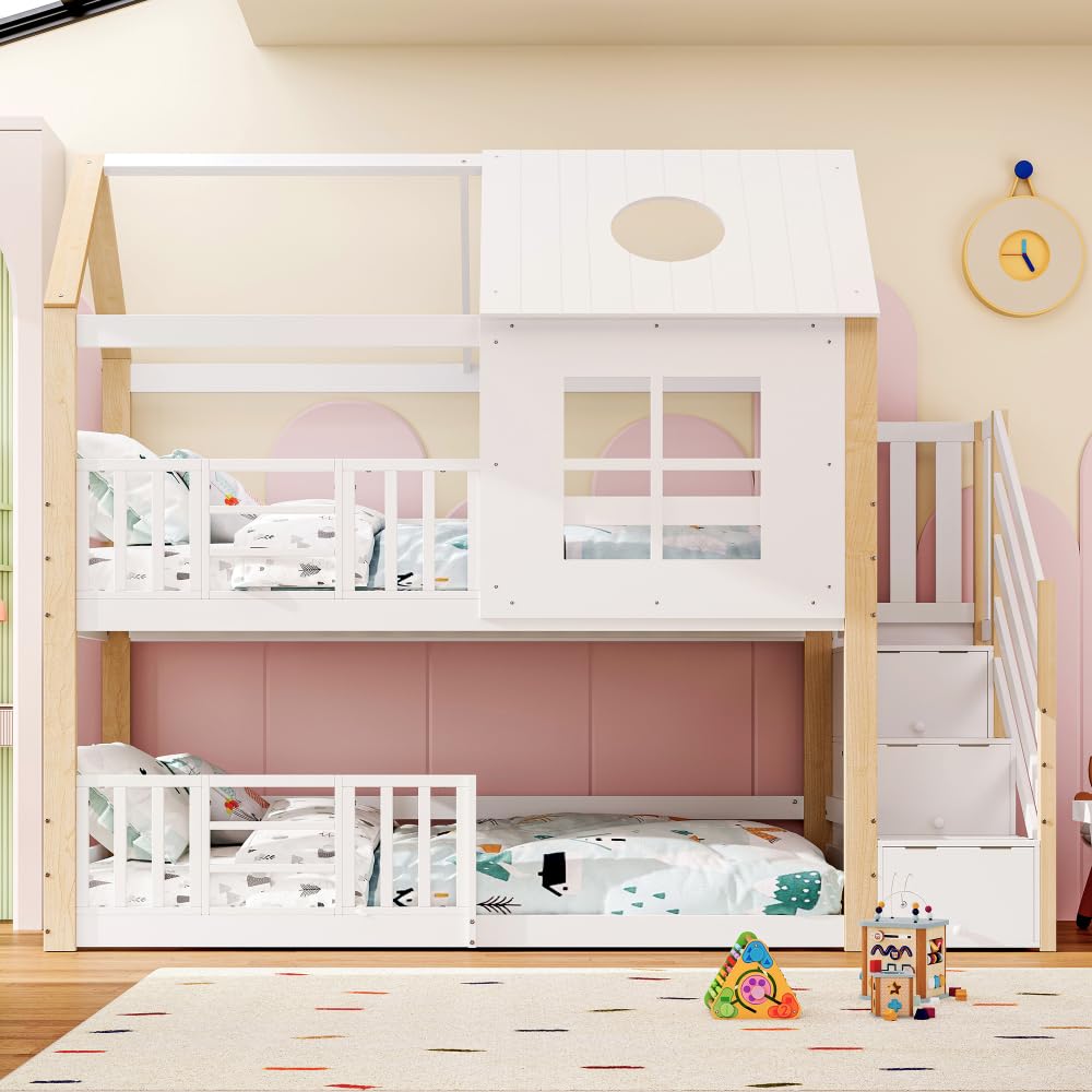 Litera para niños de 90 x 200 cm, con escalera de almacenamiento y techo, barrera anticaídas, diseño de ventana para habitación infantil