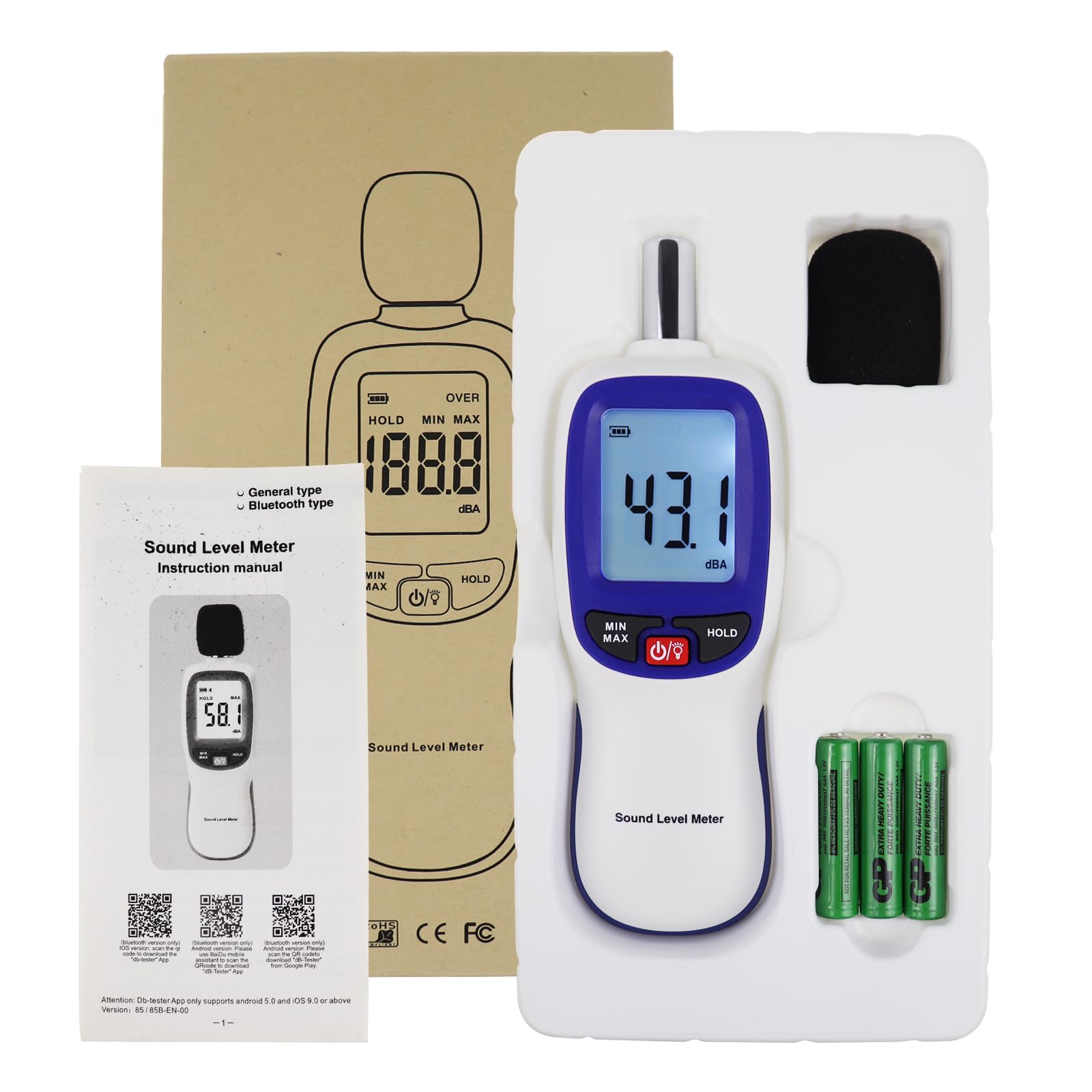 Medidor de Nivel de Sonido Digital con Bluetooth Portátil SPL Rango de 30~130dBA MAX/MIN Retención de Datos con Pantalla LCD Retroiluminada para el Hogar, Escuela y Lugar de Trabajo