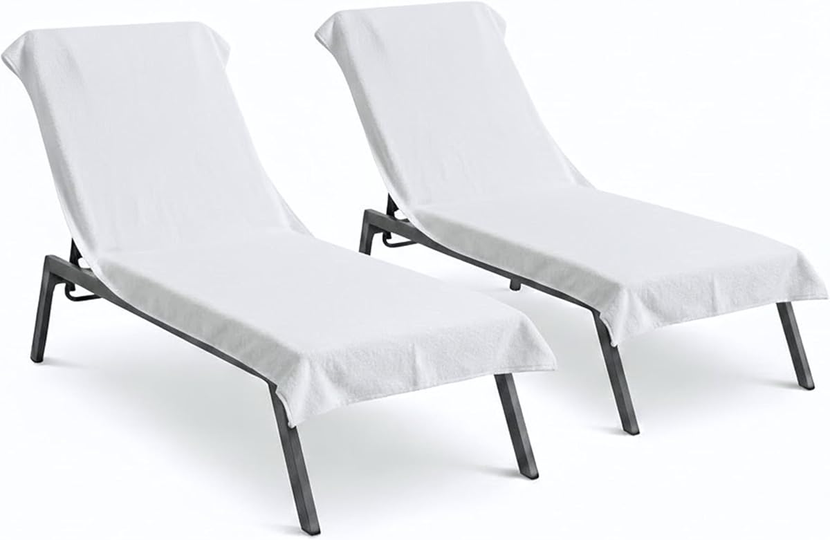 Black & White Brands Lounge Chair Towel Cover, 100% Turkish Cotton, 2-Pack | Chaise Lounge Terry Cloth, White, Quick-Dry Absorbent, Fitted Pocket for Pool or Beach, OEKO-TEX Certified, Machine Washable