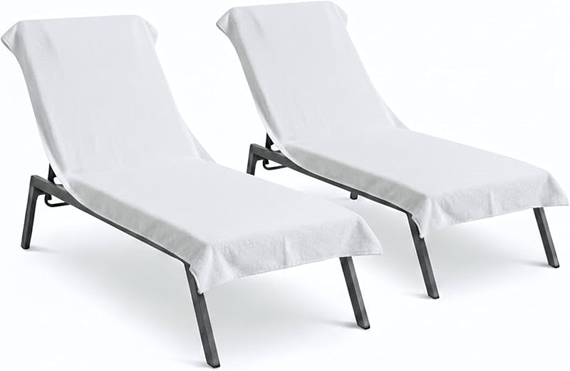 Black & White Brands Lounge Chair Towel Cover, 100% Turkish Cotton, 2-Pack | Chaise Lounge Terry Cloth, White, Quick-Dry Absorbent, Fitted Pocket for Pool or Beach, OEKO-TEX Certified, Machine Washable