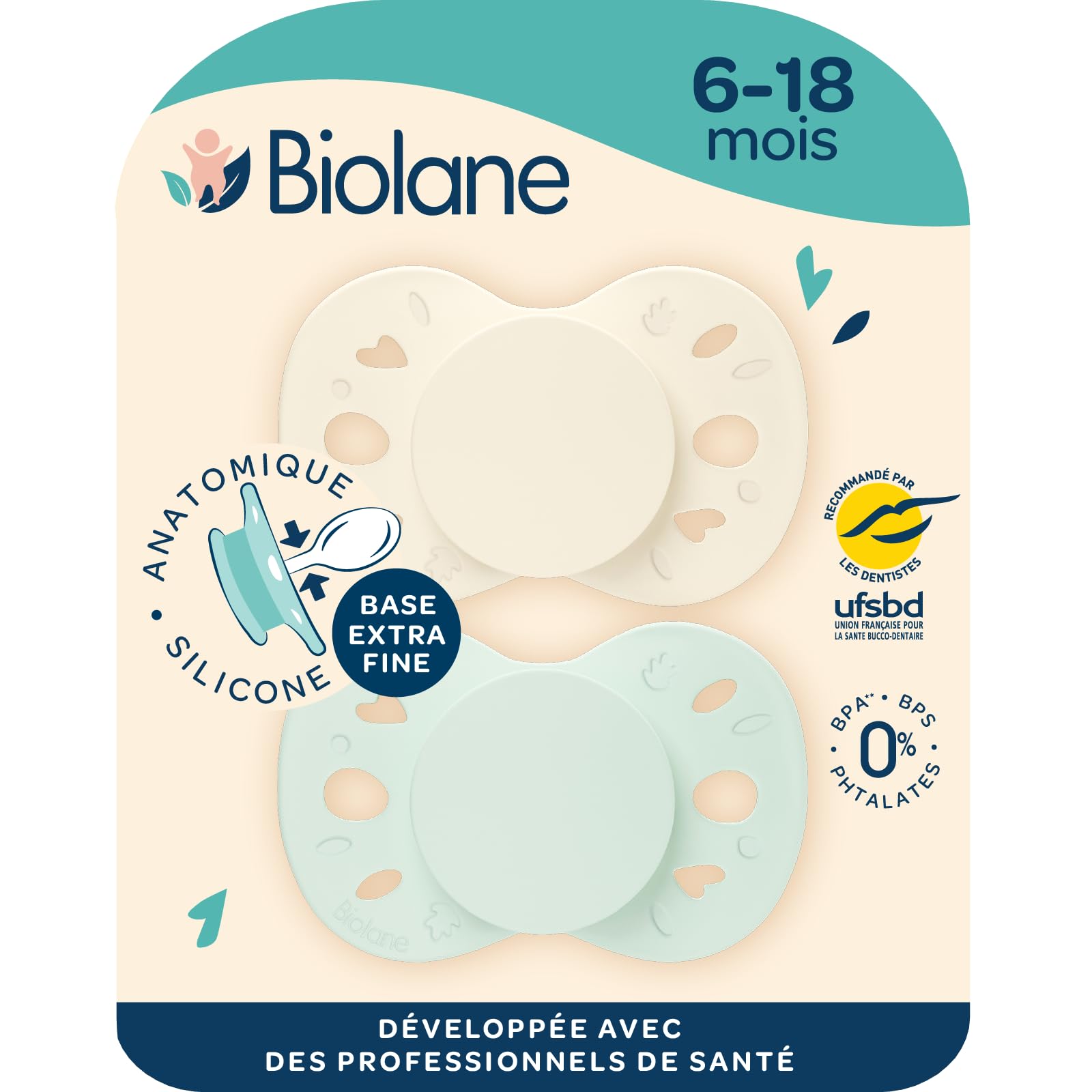 BIOLANE - Anatomical teats- Extra-fine Pacifiers- 6 to 18 Months- Green and Beige- Flat and Reversible Teat- Optimal Comfort- Respect for Oral Development- Renewable Materials