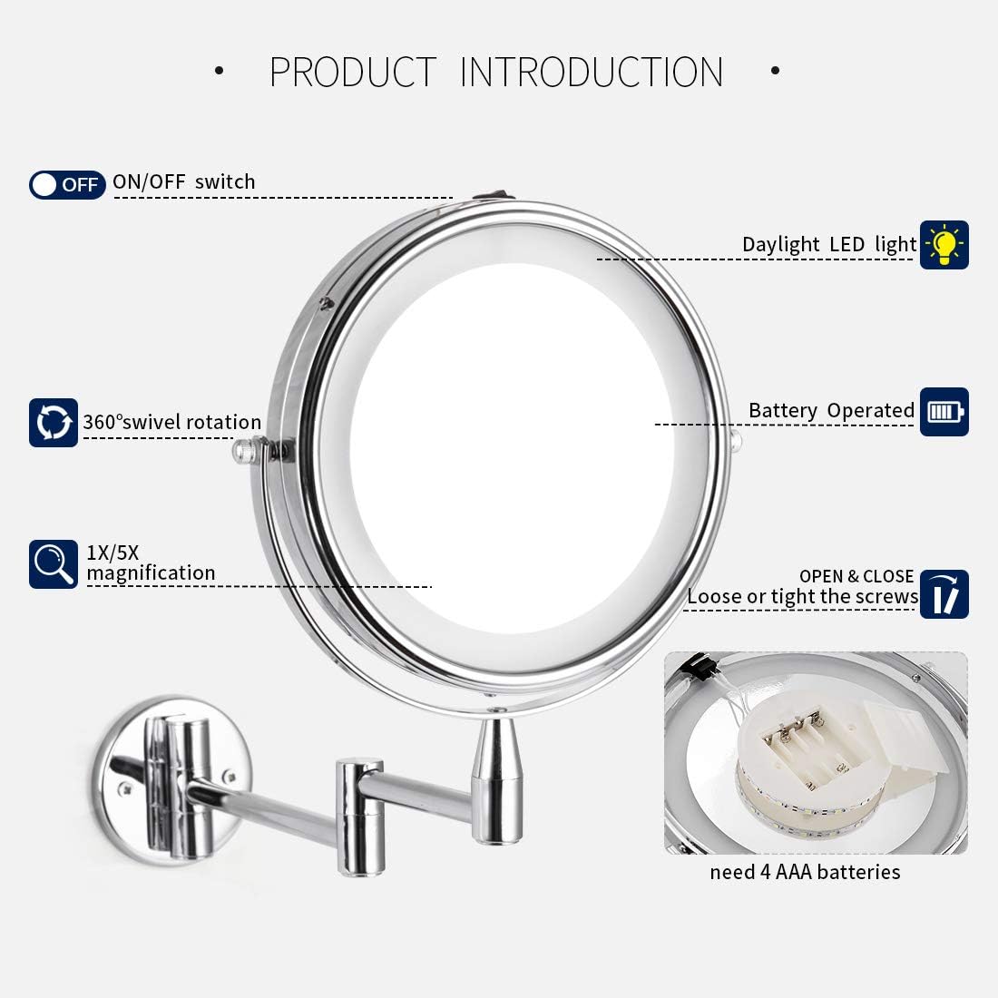 FIRMLOC Wall Mounted LED Magnifying Mirror 5X Makeup 8" Lighted Double Side 360 Degree Vanity Magnification Swivel Extendable Mirror