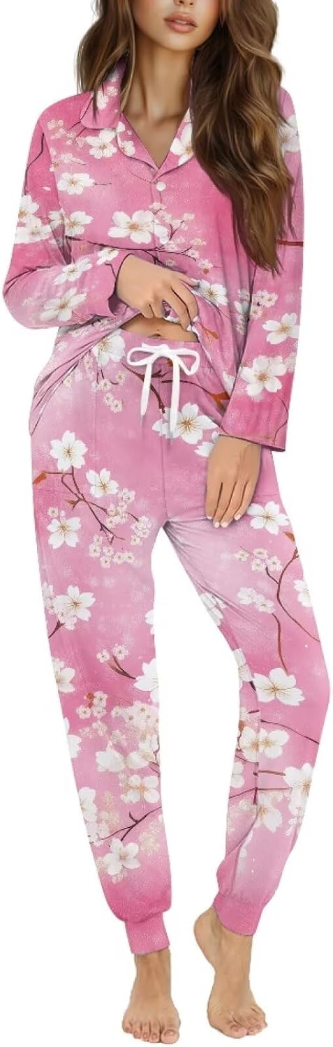 Women's Soft Comfy Pjs Sets, Long Sleeve Top Long Pants Loose Sleepwear 2Pcs Loungewear with Button Casual Outfits
