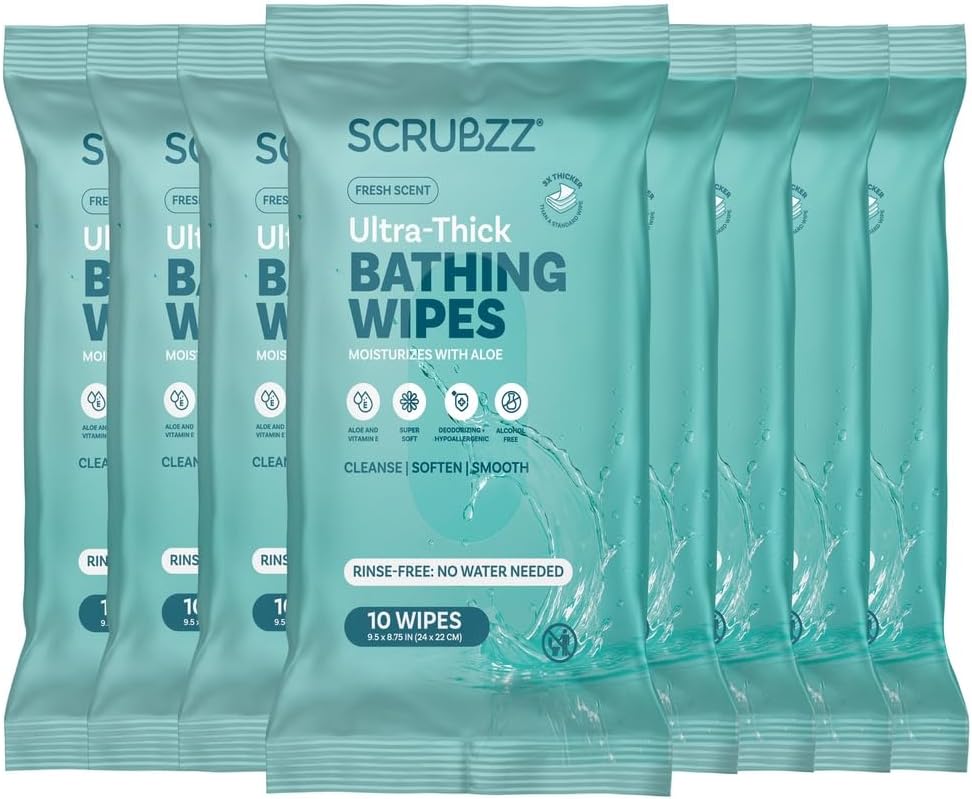 Scrubzz Extra Large Bath Wipes for Adults - 80 Count, No Rinse, Disposable Body Cleansing Wipes - Ideal for Gym, Post Surgery, Camping & Elderly Care