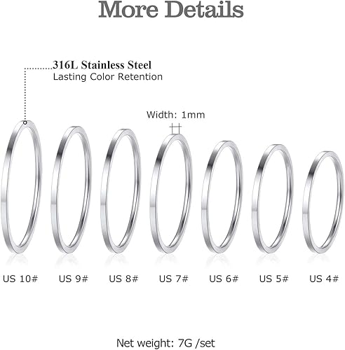 Vista 3 de FOCALOOK Juego de 28 anillos para nudillos de acero inoxidable de 0.039 pulgadas para mujer, banda delgada y lisa, apilables, ajuste cómodo, tono