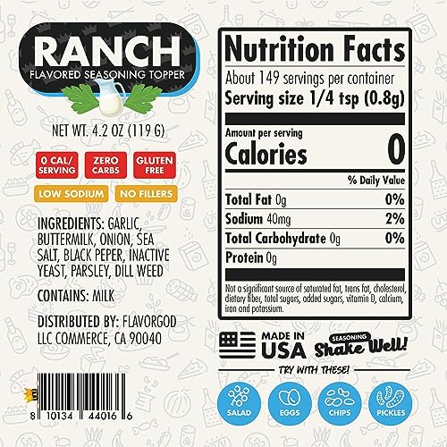 Ranch Seasoning by Flavor God, Sugar Free Ranch Substitute Low Sodium Seasoning, Gluten-Free Dry Ranch Mix, Keto & Paleo Friendly Ranch Seasoning Salad Dressing for Pizza, Popcorn, & Salads - Healthy Buttermilk Ranch Dressing Substitute