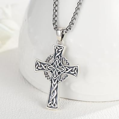 MEDWISE Cross Necklace for Men 925 Sterling Silver Irish Celtic Knot Necklace Cross Pendant Good Luck Irish Jewelry Gifts for Men Women