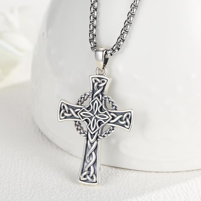 MEDWISE Cross Necklace for Men 925 Sterling Silver Irish Celtic Knot Necklace Cross Pendant Good Luck Irish Jewelry Gifts for Men Women