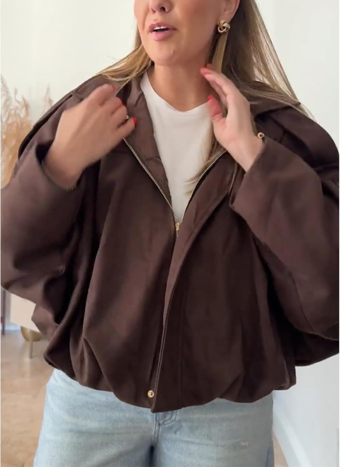 Women's Faux Suede Bomber Jacket Oversized Pilot Coats Fall Lapel Zip Up Motorcycle Streetwear Outerwear - Image 3