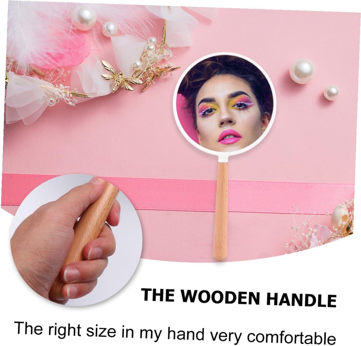 Ipetboom Wooden Handheld Makeup Mirror True Reflection Magnifying Mirror for Women
