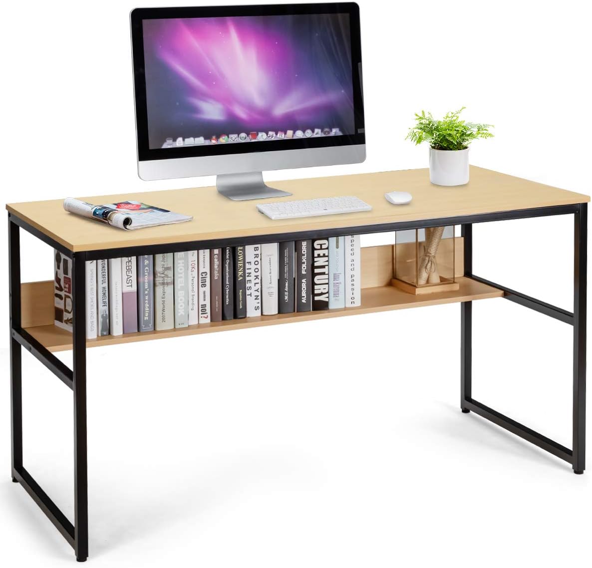 DORTALA 55" Industrial Computer Desk, Contemporary Writing Table w/Storage Shelf, Large Tabletop, Sturdy Metal Structure, Adjustable Foot Pads