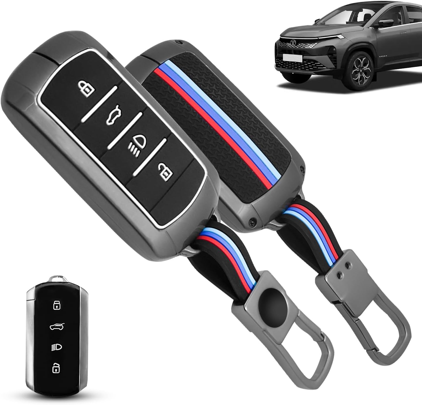 FABTEC Premuim Metal 4 Button Smart Car Key Cover Compatible with TATA Nexon, Punch, Harrier, Safari, Sierra, Tiago EV, Tigor EV, Punch EV, Curvv