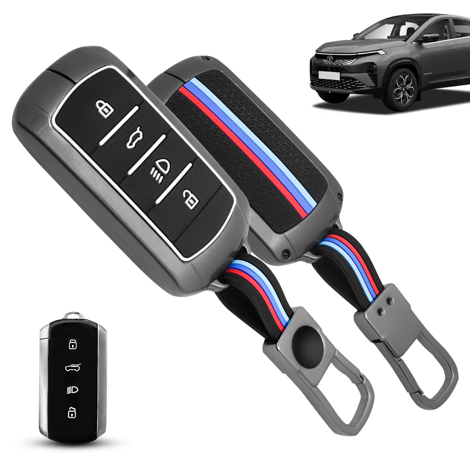 FABTEC Premuim Metal 4 Button Smart Car Key Cover Compatible with TATA Nexon, Punch, Harrier, Safari, Sierra, Tiago EV, Tigor EV, Punch EV, Curvv