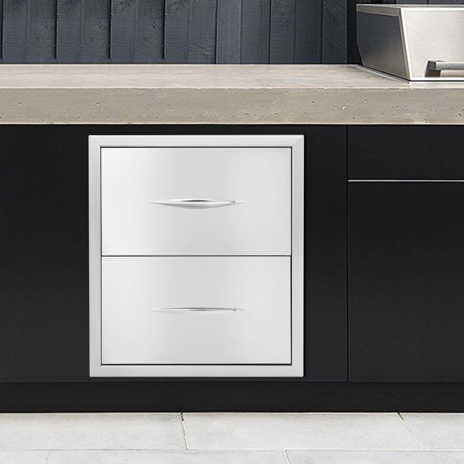 Outdoor Kitchen Drawers Stainless Steel Silver Built-in Drawer with Handle Flush Mount 1/2/3-tier BBQ Drawers for Outdoor Kitchen Island, Patio Grill Station (2-tier 12.4L*17.72W*20.08H inch)
