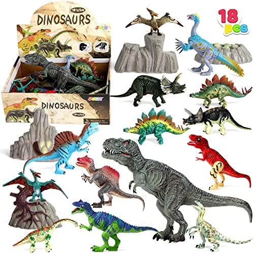 JOYIN Kids Dinosaur Toy, 18 Pcs 6" to 9" Realistic Dinosaur Figures with Movable Jaws Including T-Rex, Triceratops, Velociraptor, Etc, Kids Dino Educational Toys, Christmas Birthday Gifts for Kids