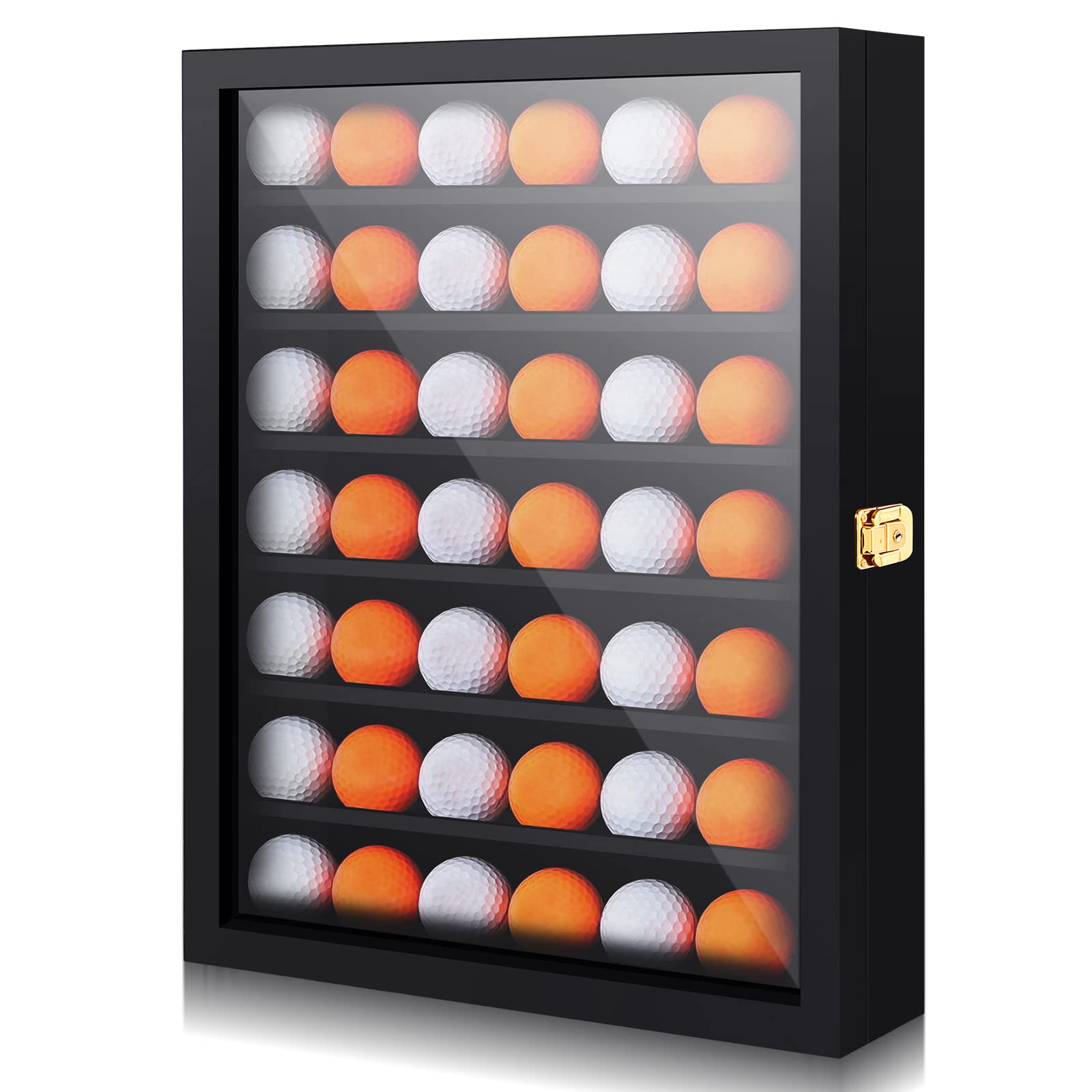 Sintuff 49 Golf Ball Display Case Solid Wood Golf Ball Holder Rack Gift Black Display Rack Cabinet Wall Mount Shadow Box for Enthusiast Collectibles with Lockable Acrylic Door