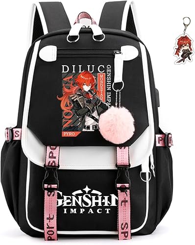 Genshin Impact Mochila unisex Venti Klee Mochila Hu Tao Xiao Bolsa con puerto de carga USB, llavero gratis, Negro-a03, Mochilas de mochila