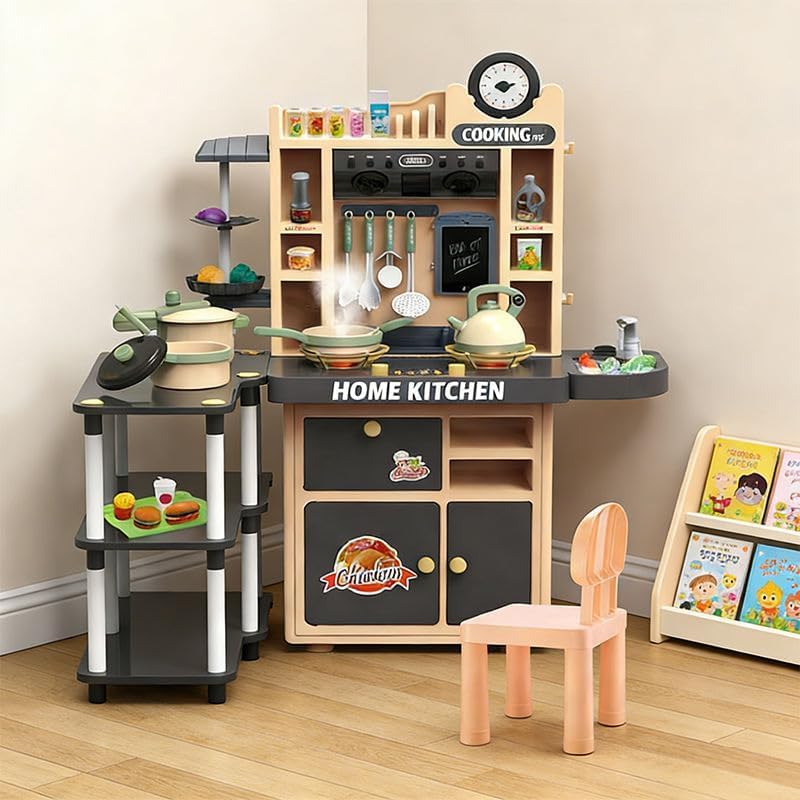 Image of Kids Pretend Play Kitchen Set with Cooking Accessories, Toy Kitchen Set with Pots, Pans & Utensils, Play Kitchen Set for Boys & Girls (Kitchen Set with Chair(93pcs))