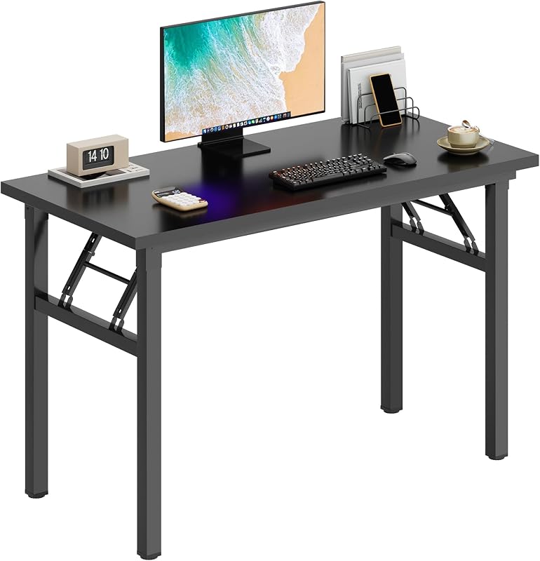 DlandHome 39.4 Inch Small Folding Computer Desk for Home Office, Black | Foldable Writing Table for Small Spaces Bedroom, No Assembly Required, Wood Top Metal Frame, Collapsible Compact Easy Storage