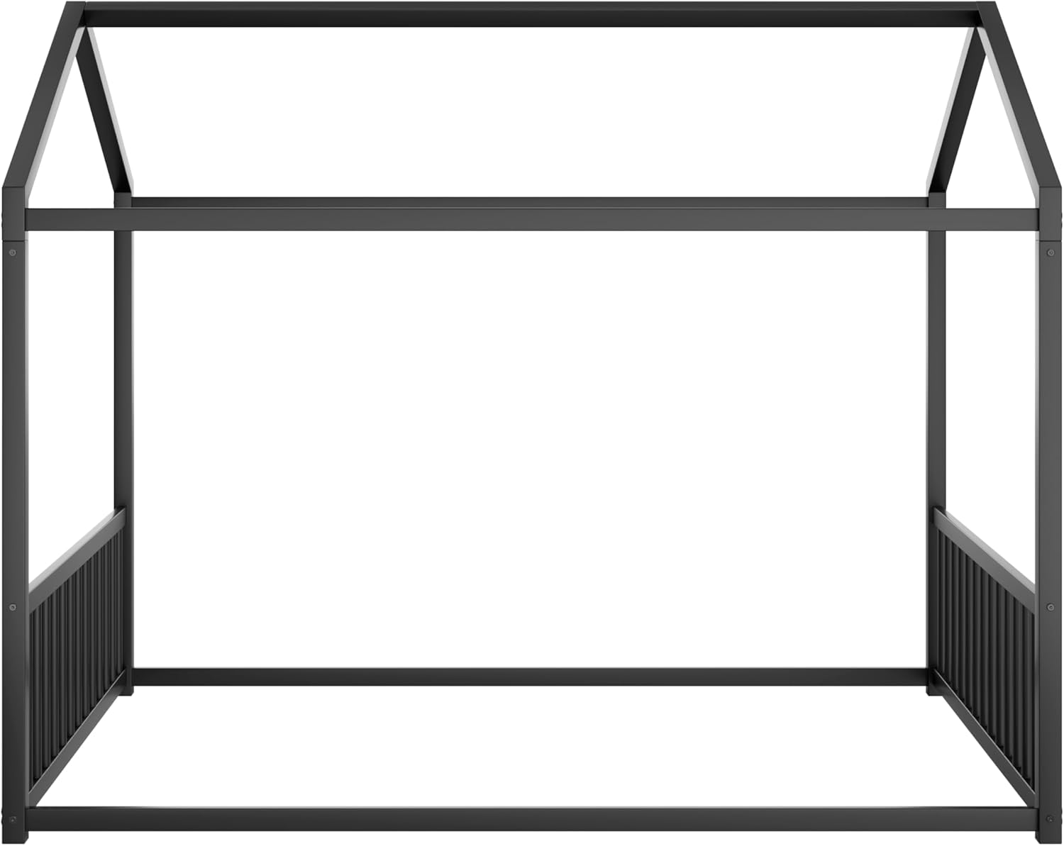 SOFTSEA Full Size Montessori House Bed, Metal Floor Bed Frame with Guardrails for Kids Teens, No Slats, No Curtains, Easy Assembly, Black
