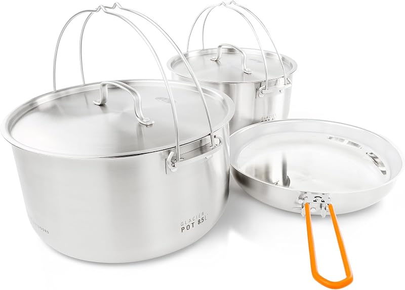 Juego de cocina Glacier de acero inoxidable para tropas, juego compacto de sartén y olla para acampar, para viajes y actividades al aire libre (8-10 personas)