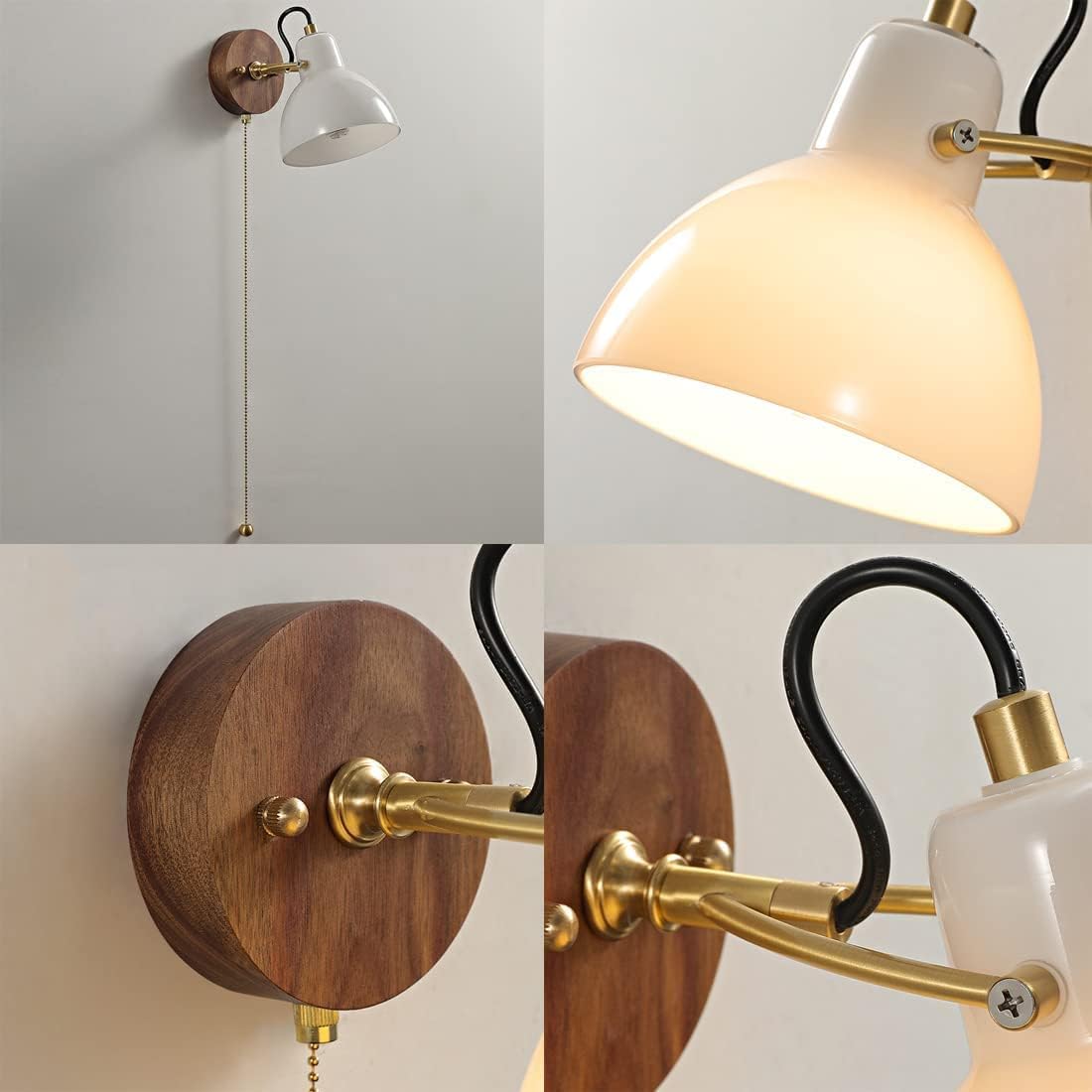 Nordic Light Luxury Pull Chain Light Fixture Wall Mount Wood Milk Glass Wall Sconce Light Brushed Brass Bedside Wall Lights Vintage White Wall Lamp Bedroom Reading Lamp for Hotel Mirror